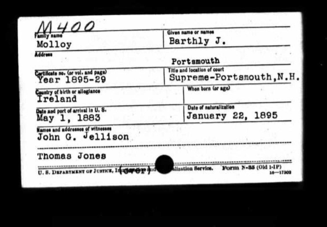 Barthly left his home in Ireland at age 20, securing this United States immigration and naturalization card record.